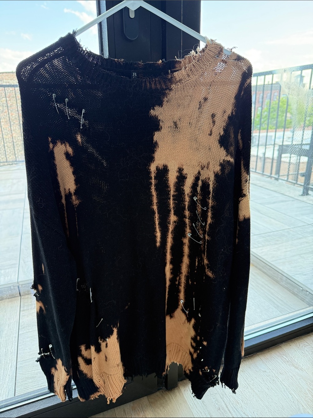 R13 Black and Tan Distressed Bleach-Effect Knit Sweater